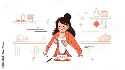 Young asian female enjoying warm beverage in cozy kitchen setting