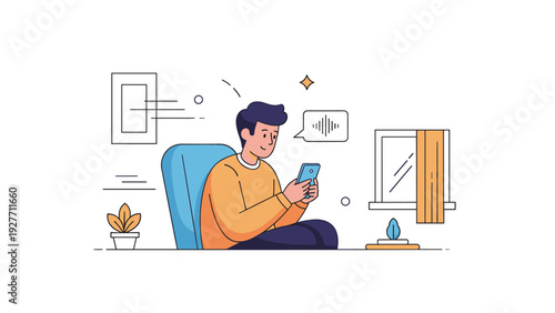 Young caucasian male using smartphone in modern home office setting