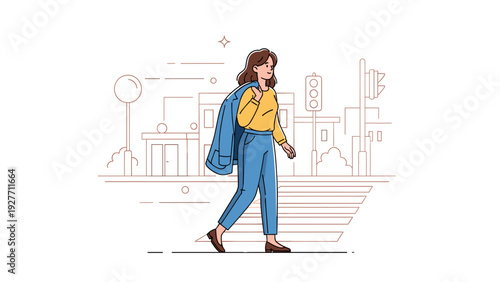 Young adult caucasian female walking in urban cityscape with casual outfit