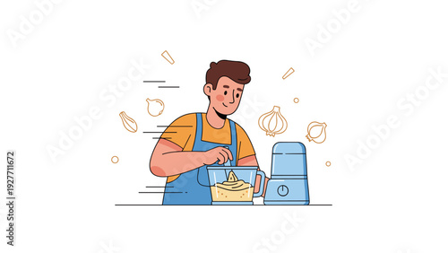 Young caucasian male cooking hummus with blender and ingredients in kitchen