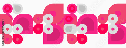 Retro pattern features overlapping circles, pink hues, gray accents. Repeating design creates playful, modern aesthetic.