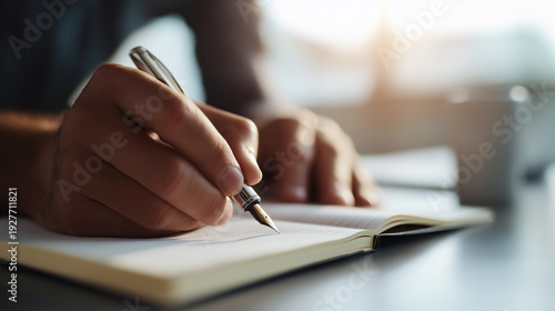 Wallpaper Mural Close-up of hand holding fountain pen while writing thoughtfully inside open notebook on desk. Torontodigital.ca