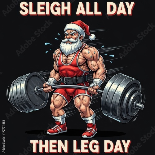 Muscular Santa Claus lifting weights in red workout gear