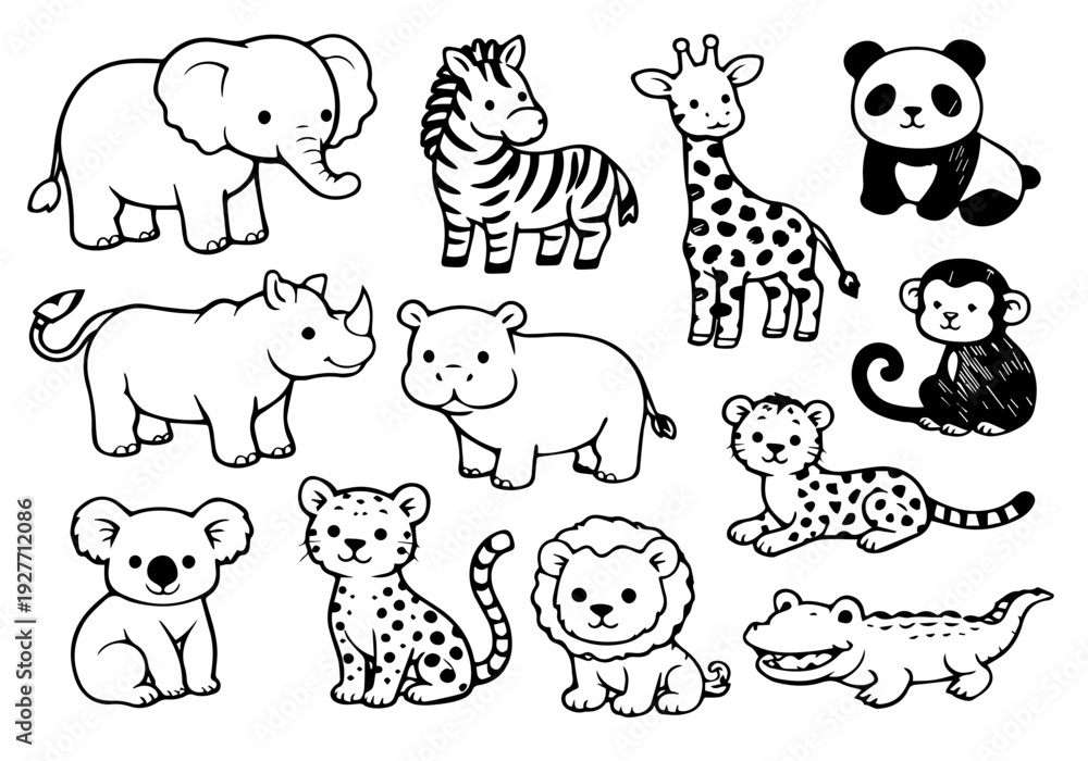 Obraz premium Zoo wild animals for kids coloring black and white, prints, cards, posters, social media decor, etc