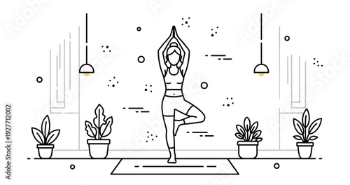 Female practicing yoga in minimalist home interior with plants and lights