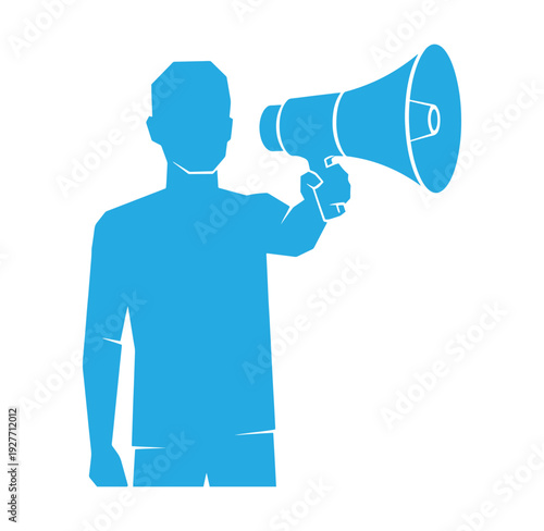 Man holding megaphone in hand making announcement to crowd