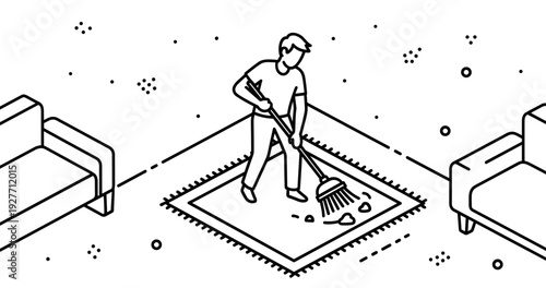 Line art of caucasian male adult sweeping carpet in living room