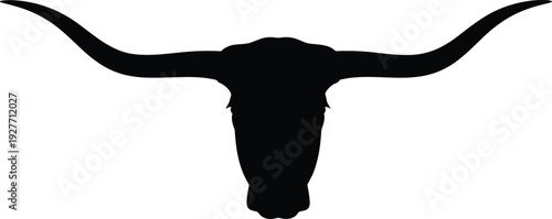 Longhorn bull skull silhouette, western cowboy ranch symbol isolated black vector illustration rustic cattle emblem design
