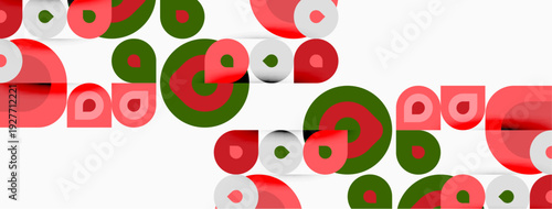 Abstract pattern features overlapping circles. Red, green hues create modern design. Simple shapes repeat across white background.