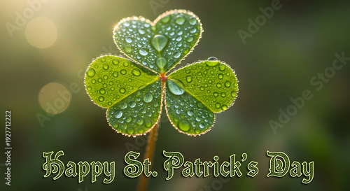 A four-leaf clover with dew drops on St. Patrick's Day