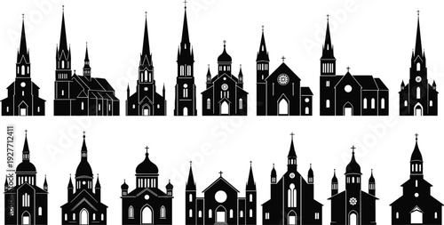 Church silhouette collection, historic cathedral and chapel buildings with crosses isolated black vector illustration architecture set