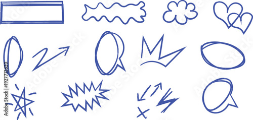 Blue pen text boxes and shapes collection. Blue ball pen ovals, rectangles and starburst doodles, crown, arrows, check mark on white background. Crayon drawn note speech bubbles and shapes for text. 