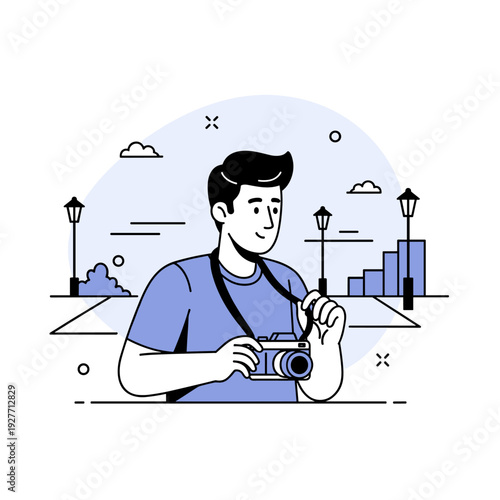 Young caucasian male photographer holding camera outdoors illustration