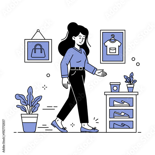 Female shopper in fashionable outfit browsing store display with accessories and plants
