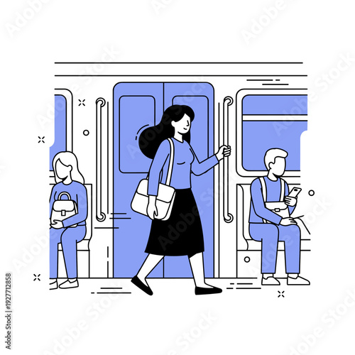 Young female commuter on subway with passengers seated around her