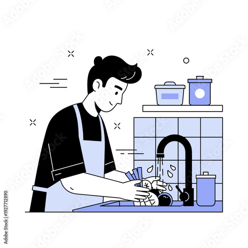 Young caucasian male washing dishes in kitchen with modern appliances