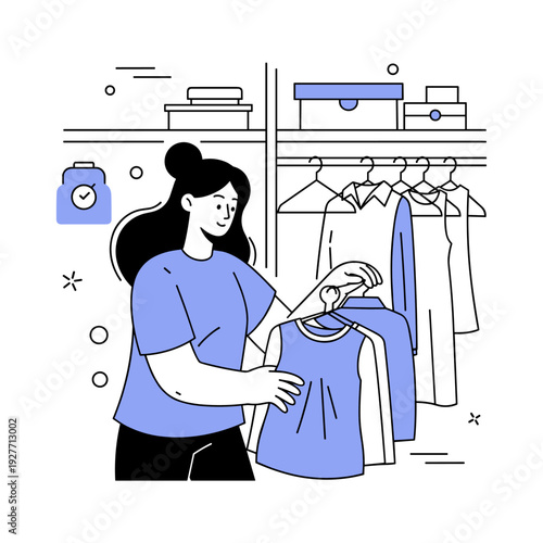 Asian female organizing clothes in closet cartoon illustration
