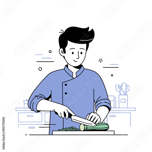 Young asian male chef preparing food in kitchen