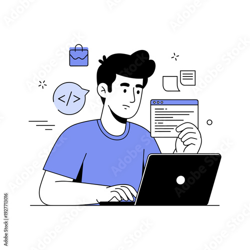 Young male coder working on laptop with coding elements and shopping icon