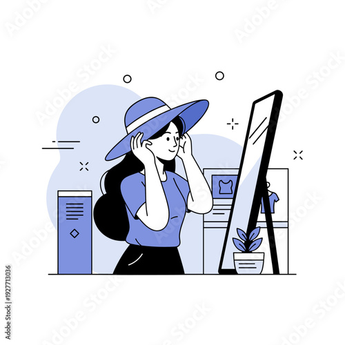 Asian female young adult trying on hat in front of mirror