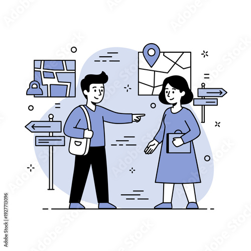 Young caucasian male and female navigating with map, discussing directions