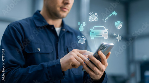 Mechanic using smartphone with car service icons floating above, technology in automotive repair