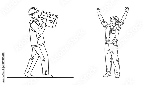 Two men performing actions one holding an object and the other with arms raised