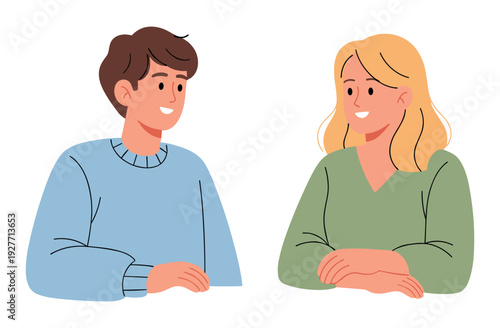 Smiling young caucasian male and female friends engaging in conversation