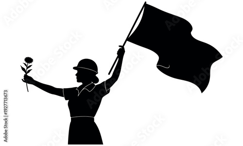 Silhouette of a woman holding a flag and a flower