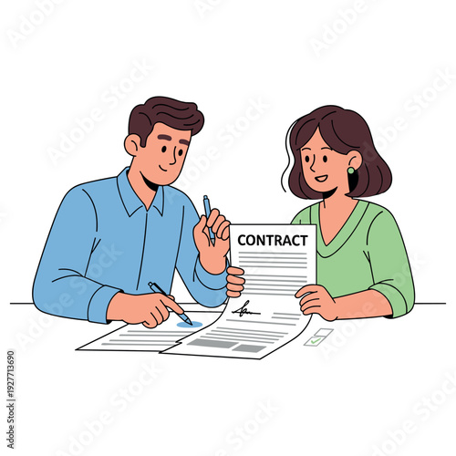 Young caucasian male and female reviewing and signing contract documents together