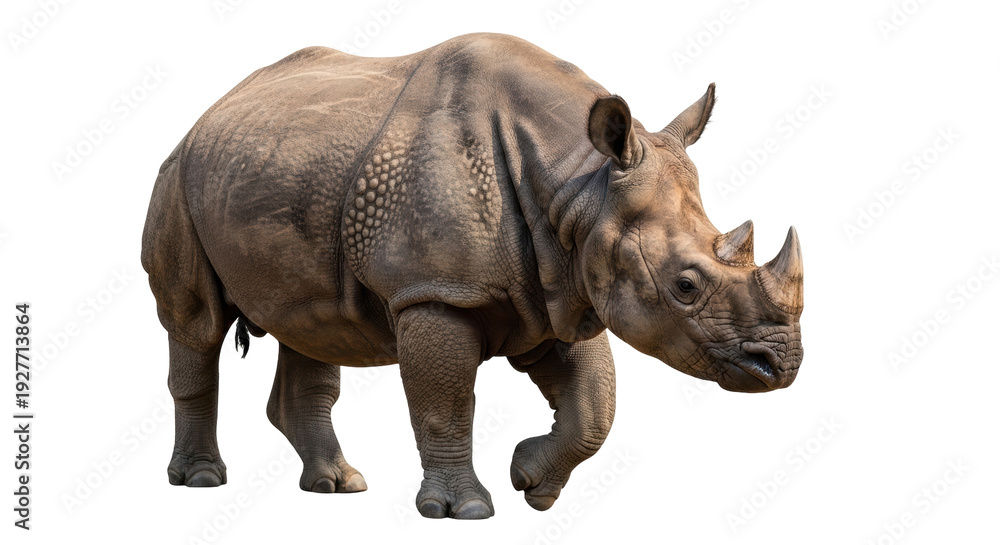 Fototapeta premium Isolated Rhinoceros in a Frontal Stance on No Background – Large Heavy Powerful African Animal