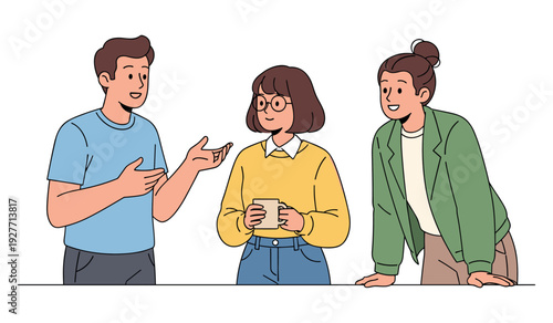 Three animated young adults conversing happily in casual attire