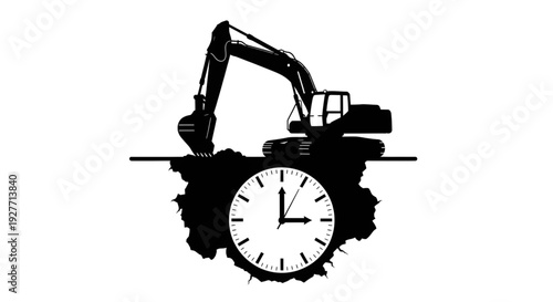 Vector silhouette of an excavator digging up a large clock face, symbolizing project deadlines, time management, and the excavation of history.