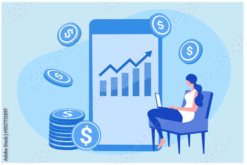 Passive income, online business earning, man making money and profit from online working vector illustration