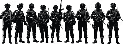 Special forces soldiers silhouette set, tactical military team with rifles standing in formation isolated black vector illustration collection