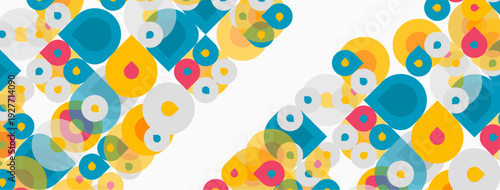 Abstract colorful shapes overlap, creating dynamic pattern. Bright hues dominate design, offering playful aesthetic.