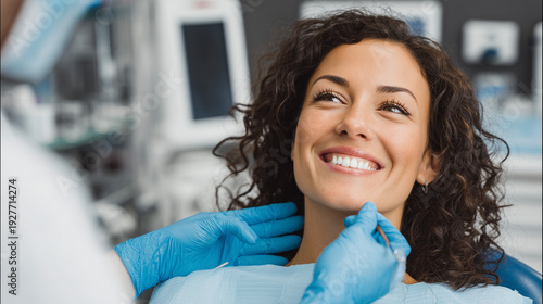 a beautiful woman in her thirties with dark, curly hair is smiling while sitting in a dentist's chair, wearing blue dental gloves.