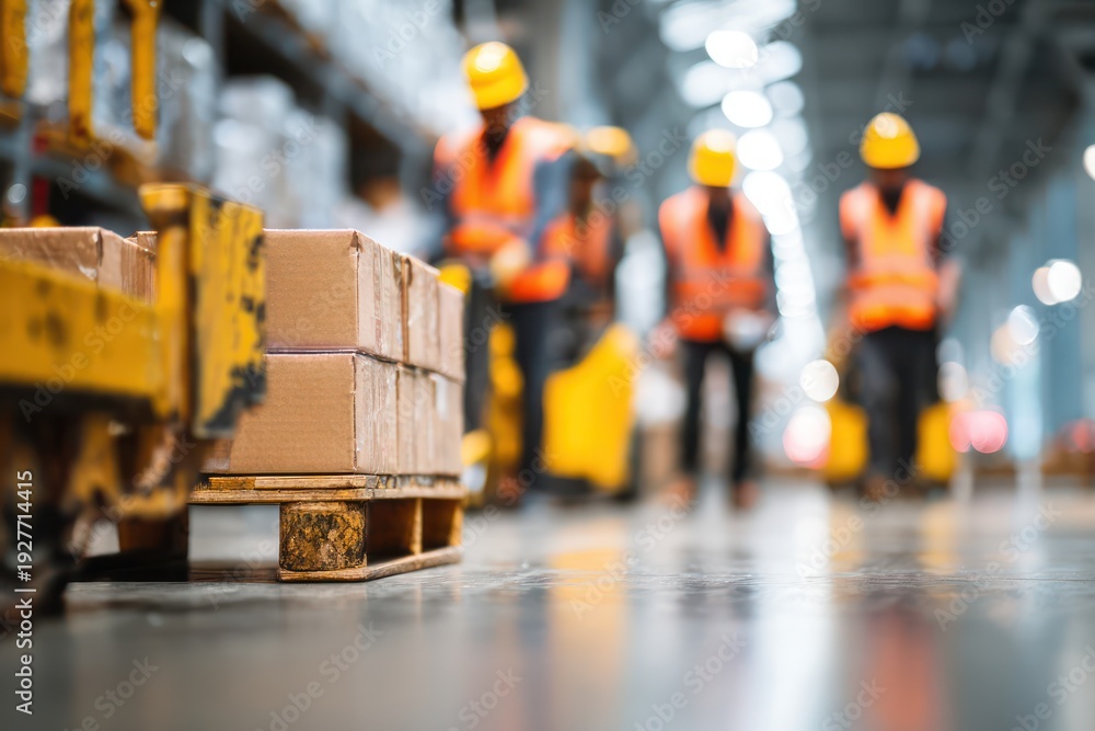 Fototapeta premium Workers moving pallets with industrial forklift