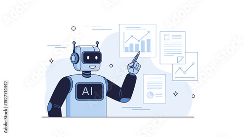 Ai robot analyzing data with graphs and charts in a futuristic digital environment