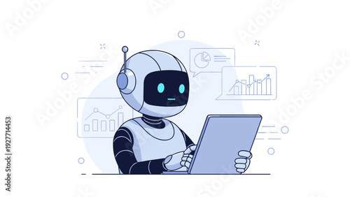 Cute robot analyzing data on digital tablet with growth charts in background