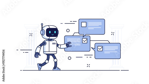 Friendly robot interacting with chat bubbles in a digital environment