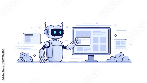 Illustration of robot interacting with computer screen in futuristic office setting