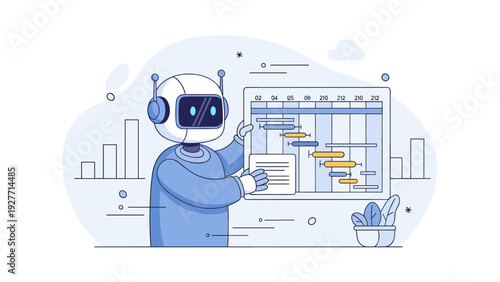 Robot analyzing project timeline with gantt chart in futuristic office setting