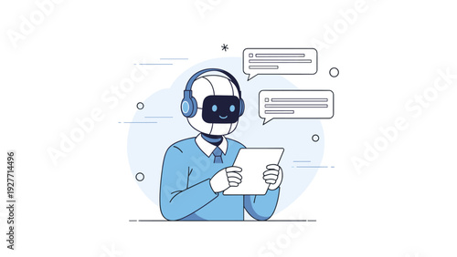Robot chatbot engaged in conversation with tablet and headphones