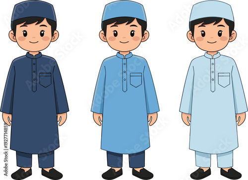 Cute Muslim boy character wearing traditional kurta and cap in different colors, Islamic children illustration for Eid celebration greeting card and educational design vector