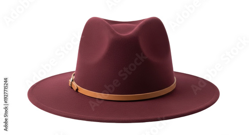 Isolated maroon fedora hat with brown leather strap and gold buckle, vintage fashion style