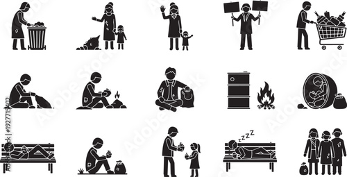 A collection of silhouette icons depicting various aspects of homelessness, including poverty, struggle, social issues, and moments of dignity and hope, perfect for conceptual use.