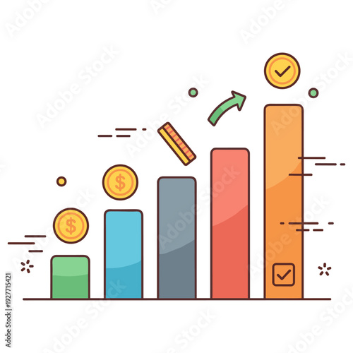 Colorful bar chart with coins and arrow showing financial growth