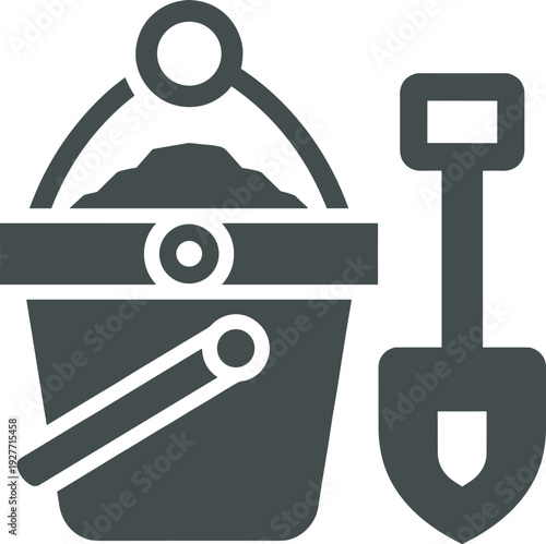 Vector illustration of sand bucket and shovel icon representing beach toys, children’s playtime, summer vacation activities, outdoor fun, seaside recreation, and sandbox design elementsWeb