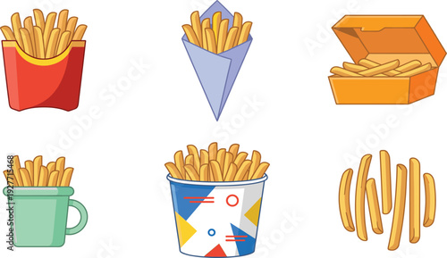 French fries set in different packaging boxes and cups fast food snack collection for restaurant menu street food and takeaway design projects.